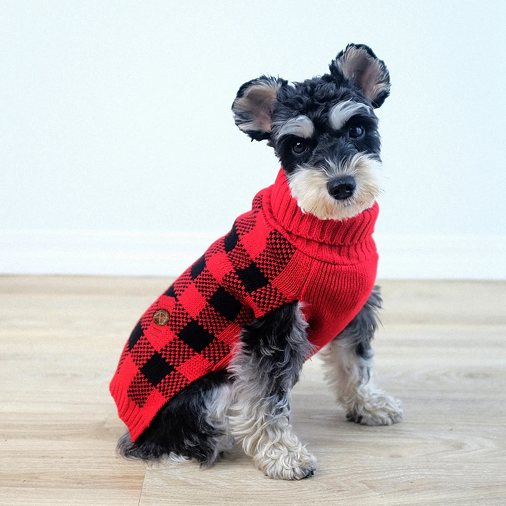 Plaid Knit Dog Sweater Turtleneck Warm Winter Coat For Small Medium Dogs Cats