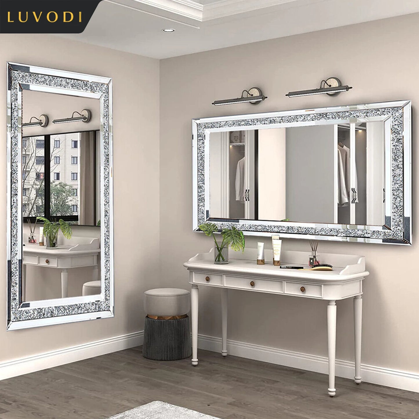 LUVODI Frameless Silver Vanity Mirror With Rhinestones