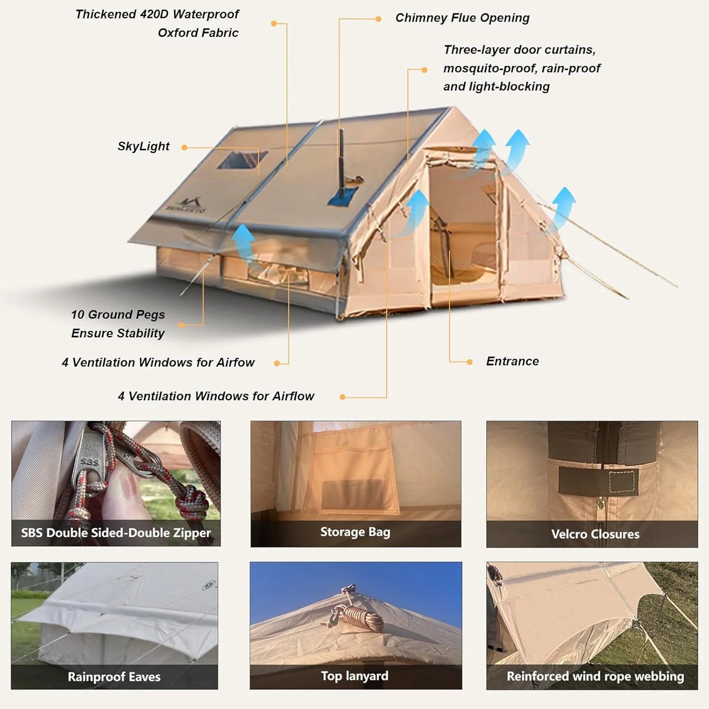13 By 10 Foot Inflatable Tent For 8 To 10 People Season Waterproof Chimney Hole