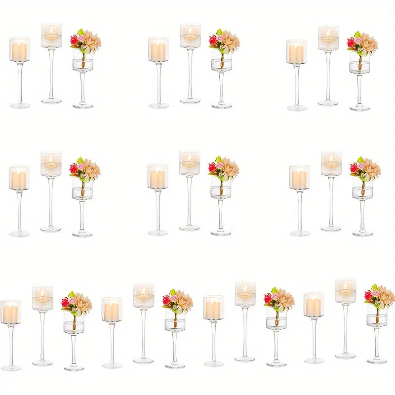 Set Of 3 Glass Tall Tea Light Holders Elegant Clear