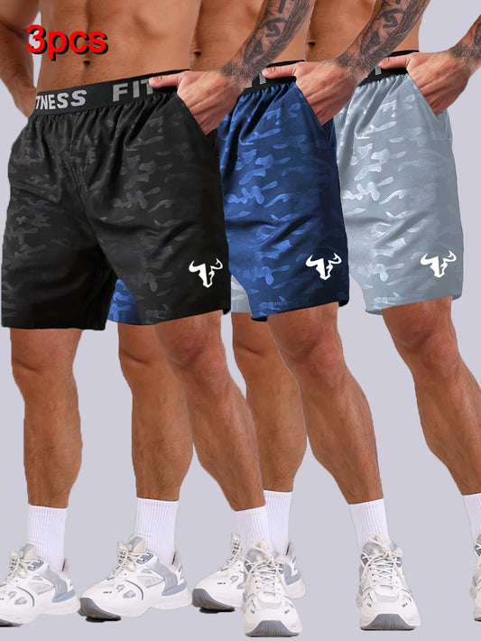 Men Bull Print Sports Shorts 3 Piece Set For Running