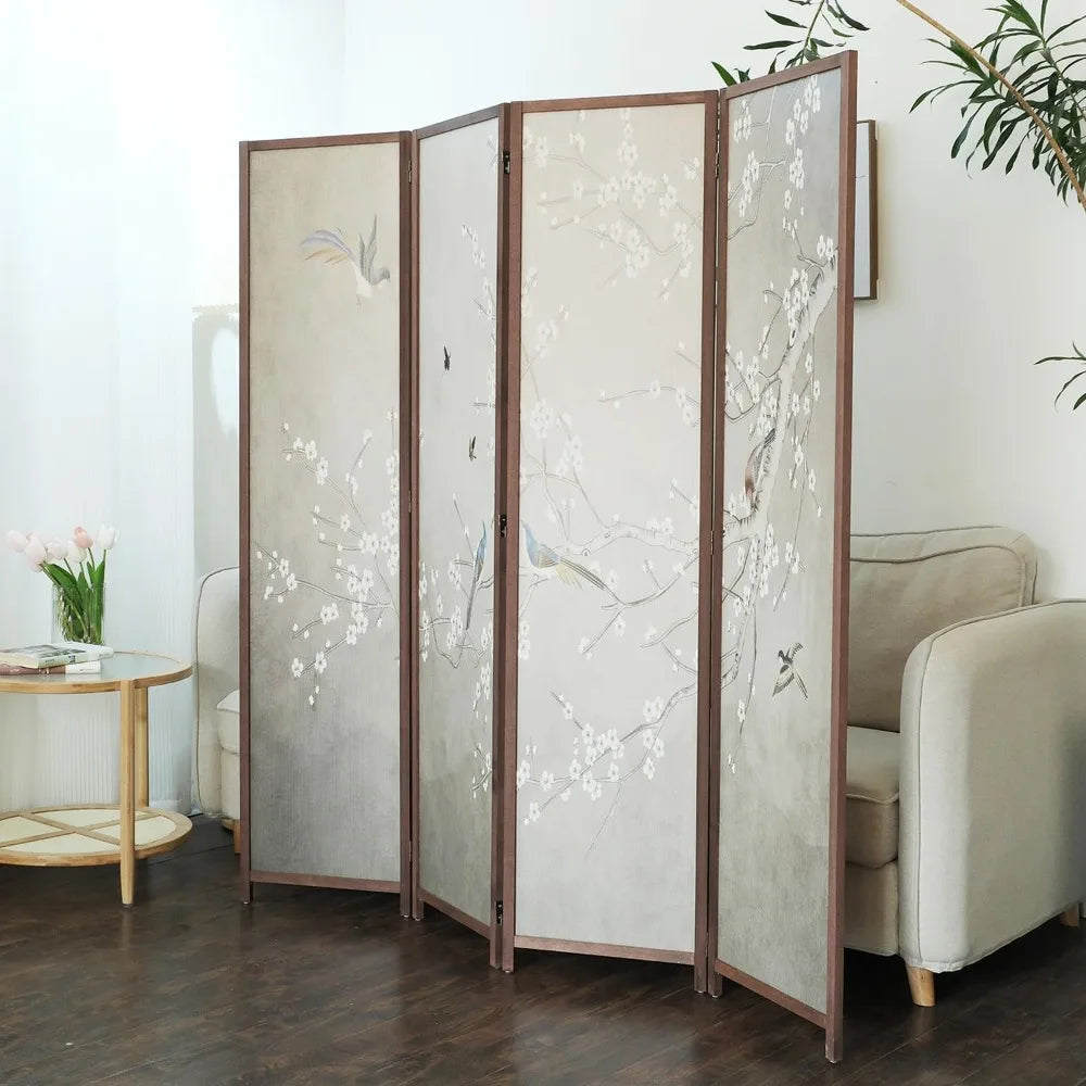 Four Panel Room Divider Screen Plums and Birds Blackout