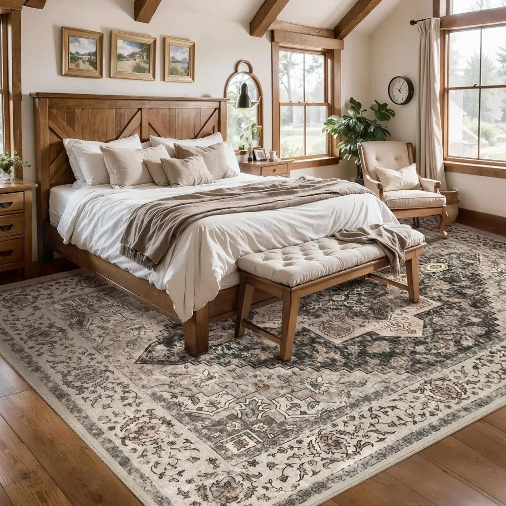 Vintage 8x10 Area Rug For Living Room Washable Indoor Non Slip Distressed Brown Grey Print Design