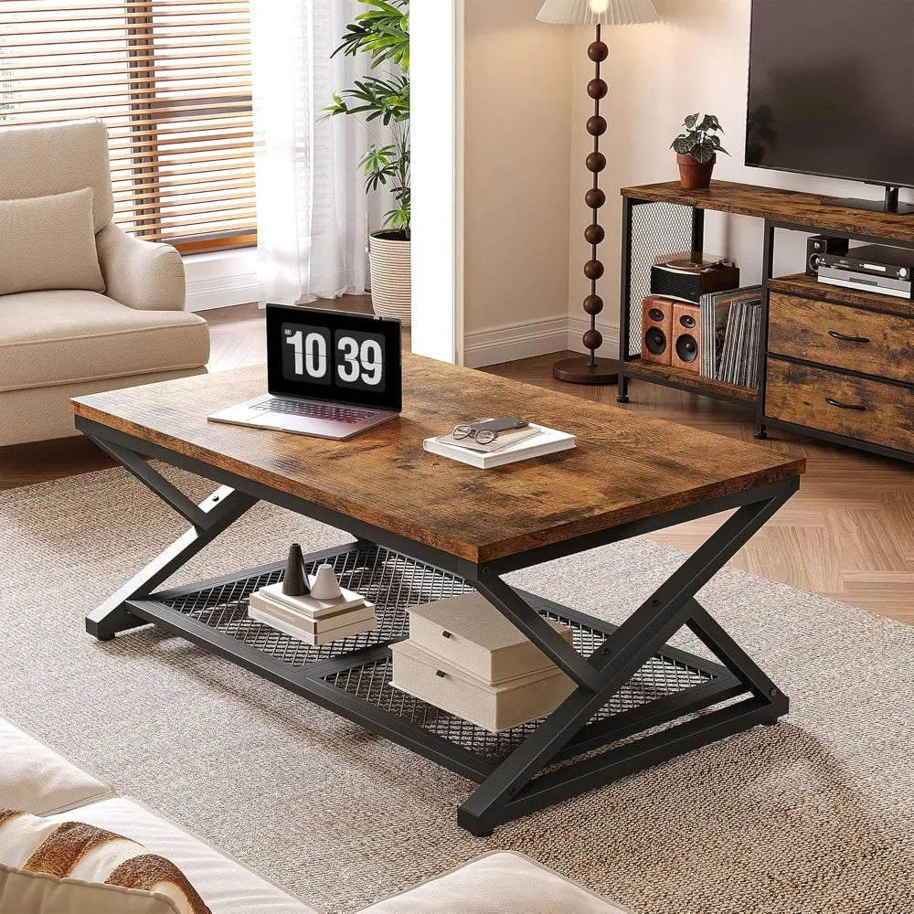 Modern Coffee Table With Storage And Mesh Shelf Living Room