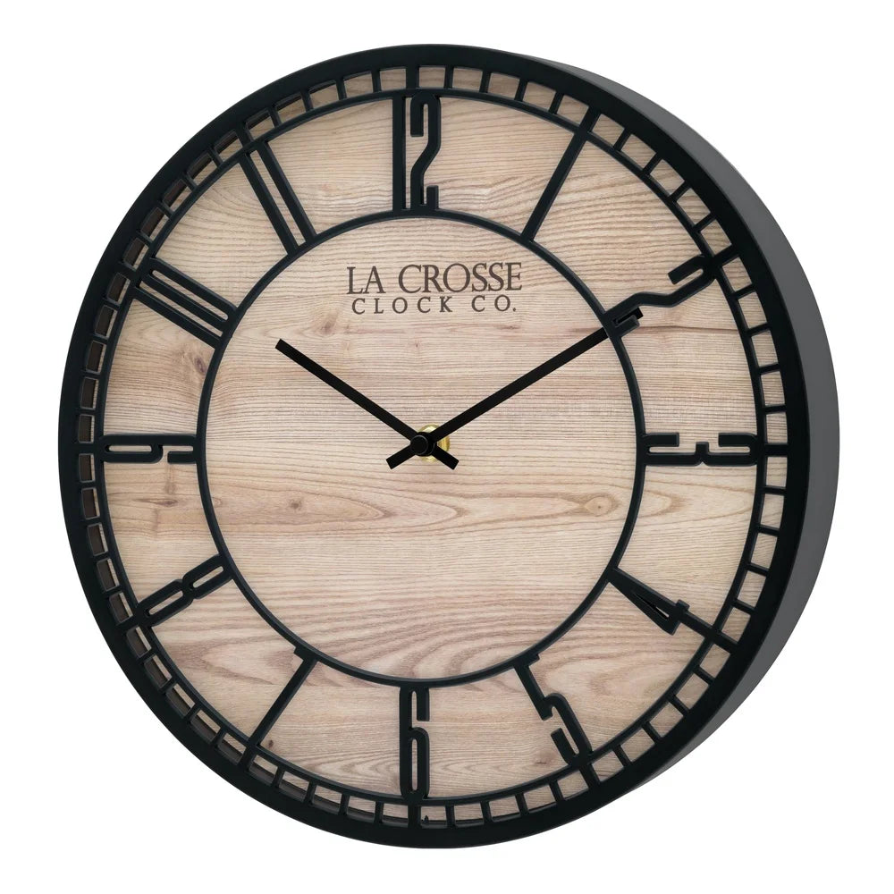 Analog Quartz Wall Clock Faux Wood Background 3D Numbers