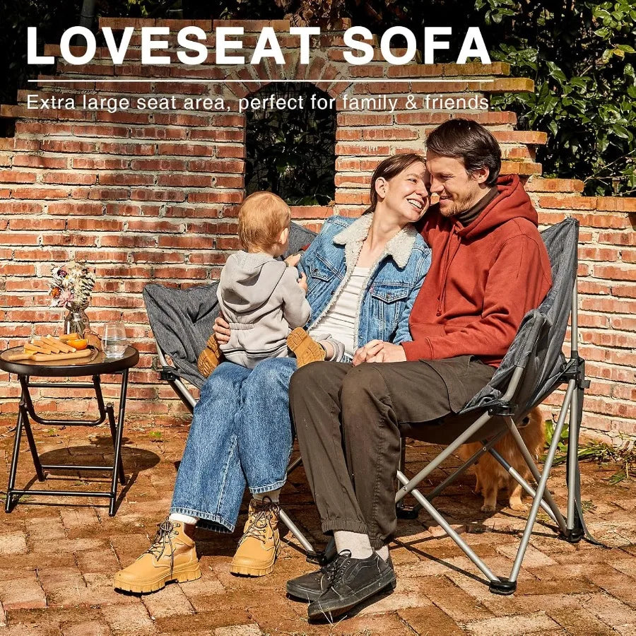 Double Camping Chair For Adults Padded Folding Two Person Love Seat Side Pocket