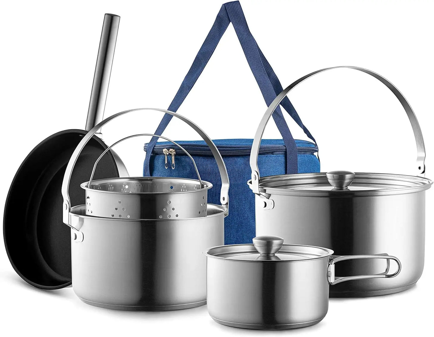 Camping Cookware Set 304 Stainless Steel 8 Piece Pot And Pan With Travel Tote