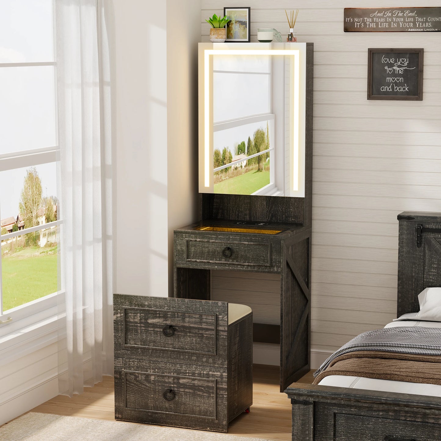 JDPAG Vanity Desk With Mirror And Lights Makeup Vanity Set Hidden Storage Stool