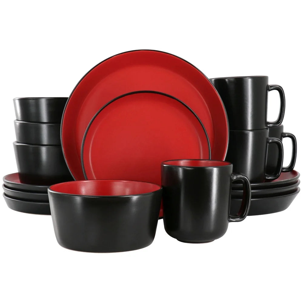 16 Piece Stoneware Dinnerware Set Service 4 Dishwasher Microwave Safe Round Plates Bowls Mugs Two Tone Design Solid Black Red