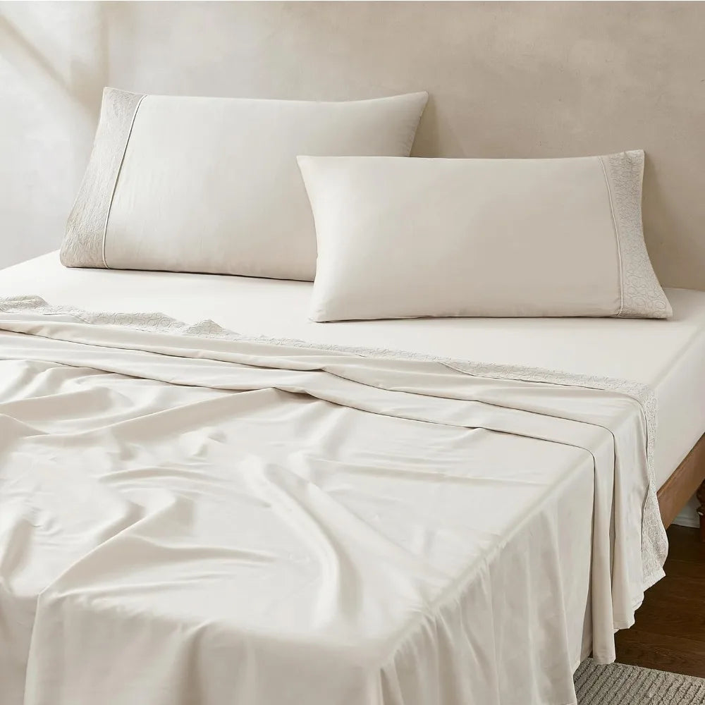 Lush Decor x Chuks Collins Path Cotton Sheet Set 4 Piece Set Queen Cream - Queen Bed Sheets- Cotton - Off White - Luxury