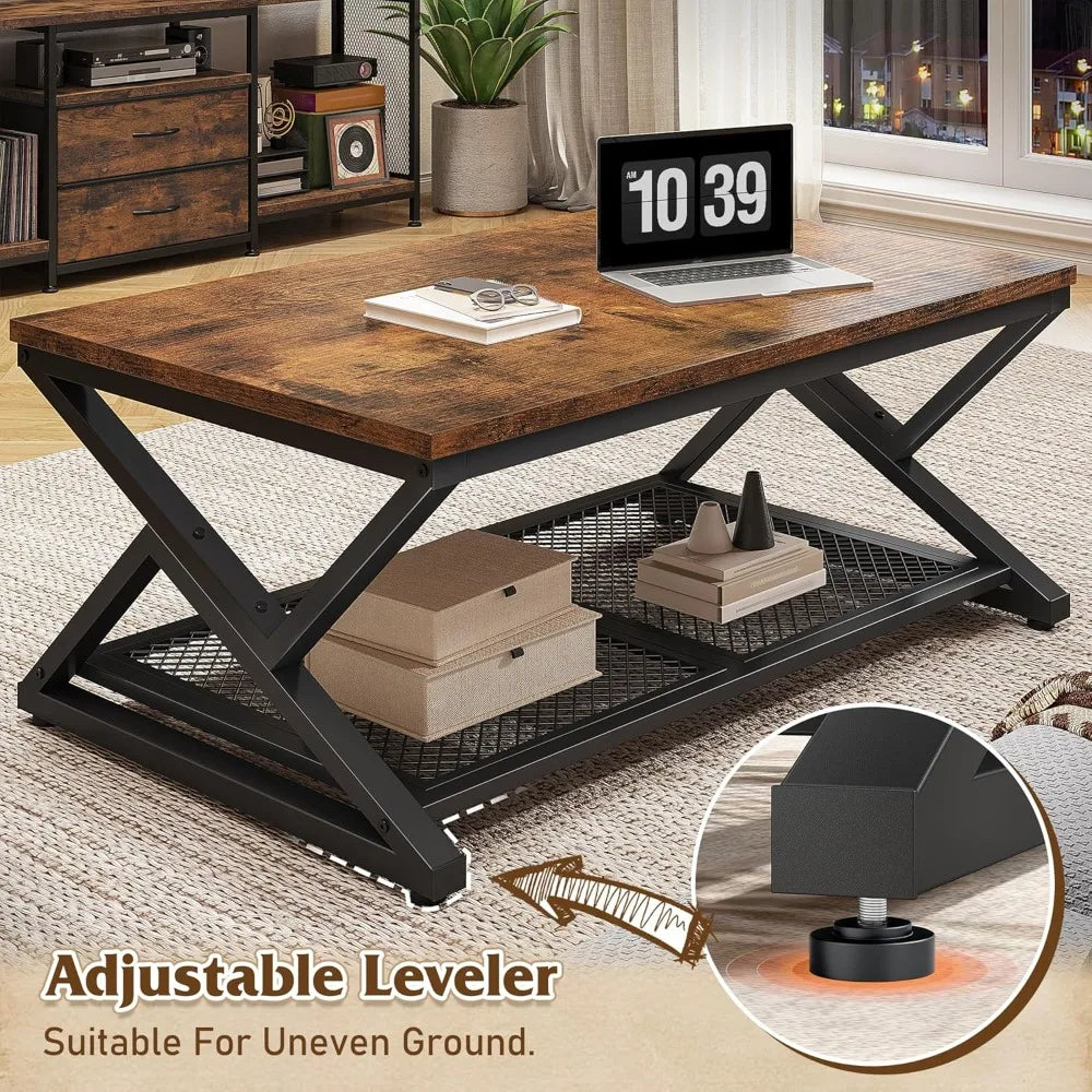 Modern Coffee Table With Storage And Mesh Shelf Living Room
