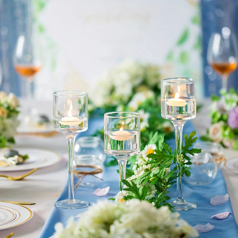 Set Of 3 Glass Tall Tea Light Holders Elegant Clear