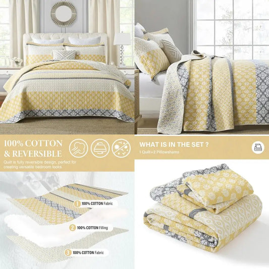 Cotton Floral Queen Quilt Set 100 Percent Cotton Patchwork Bedspread Reversi