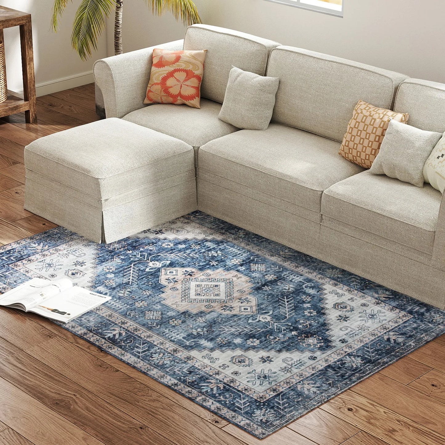 4x6 Foot Vintage Machine Washable Area Rug Blue for Living Room Anti Slip Non Shedding Durable Home Decor