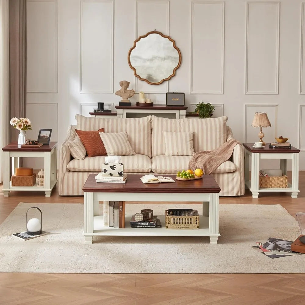 Farmhouse Coffee Table Set of 3 Rustic Wooden Living Room Table Set End Tables with Open Shelf