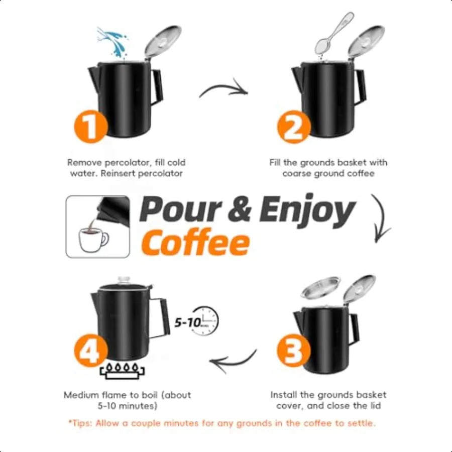 Stainless Steel 9 Cup Coffee Percolator For Stovetop Camping Black Outdoor Home Use No Aluminum Or Plastic