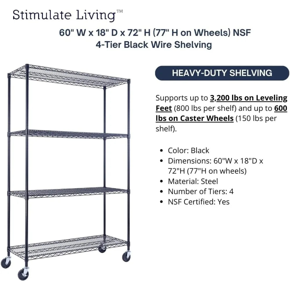 60x18x72 Black Heavy Duty 4 Tier Wire Shelving NSF 3200 Lbs Capacity