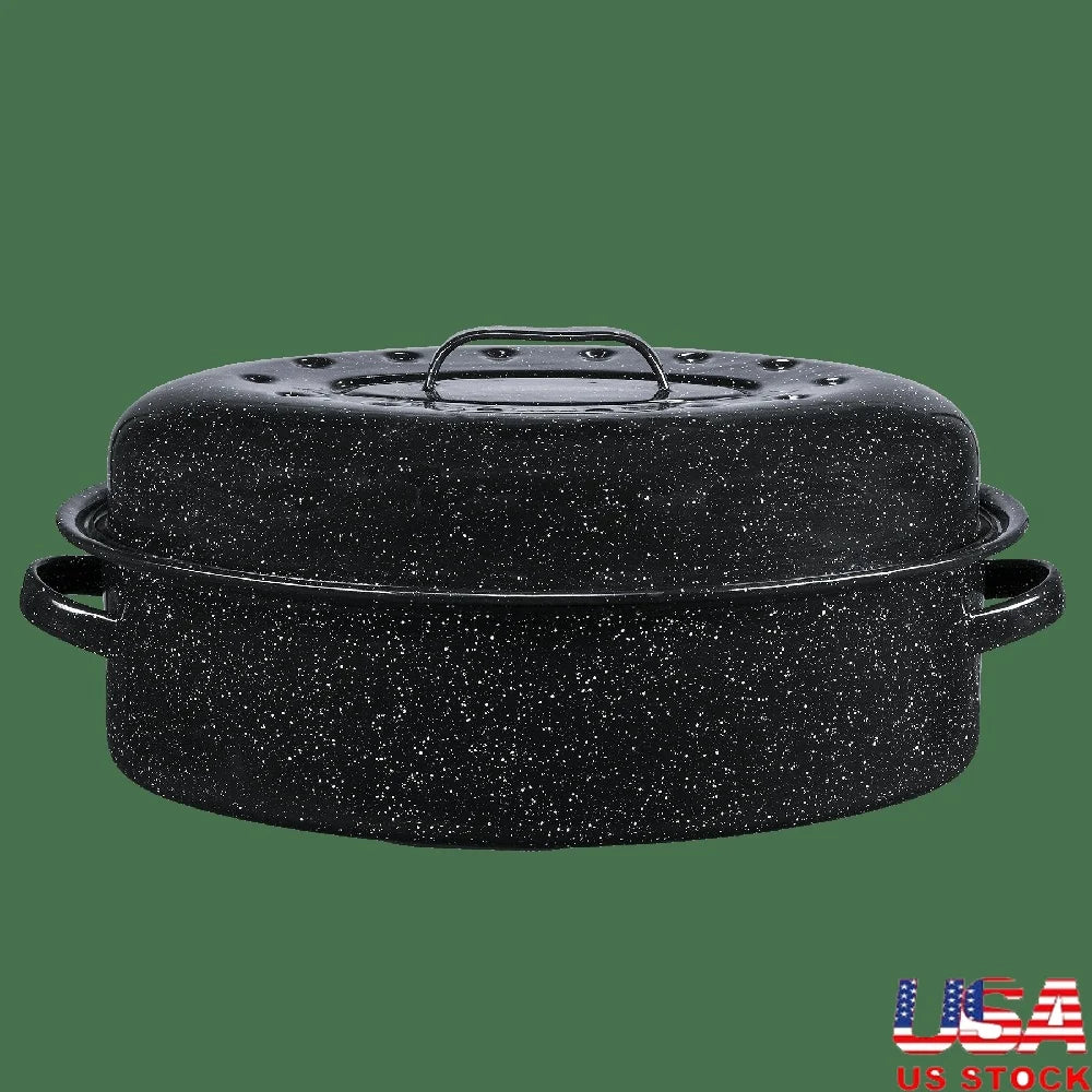 Nonstick 18 Inch Covered Oval Roaster Porcelain Steel Pan 15lb Capacity