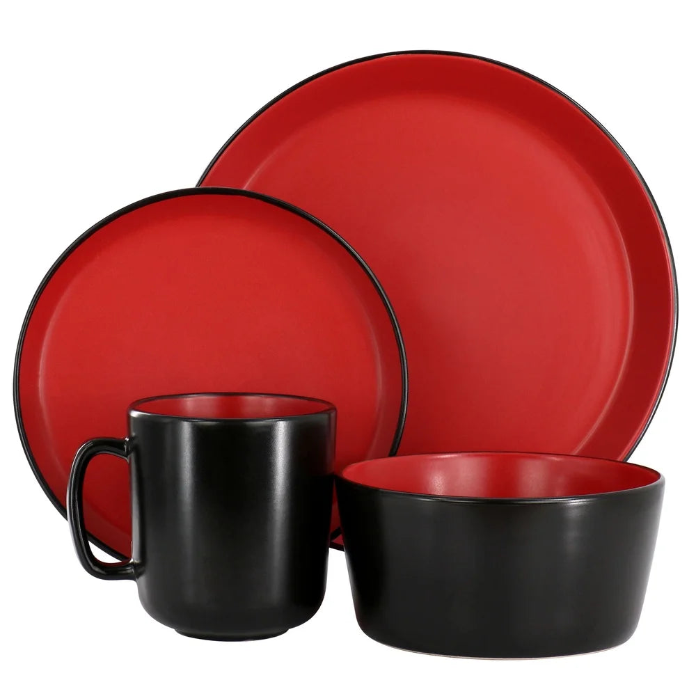 16 Piece Stoneware Dinnerware Set Service 4 Dishwasher Microwave Safe Round Plates Bowls Mugs Two Tone Design Solid Black Red