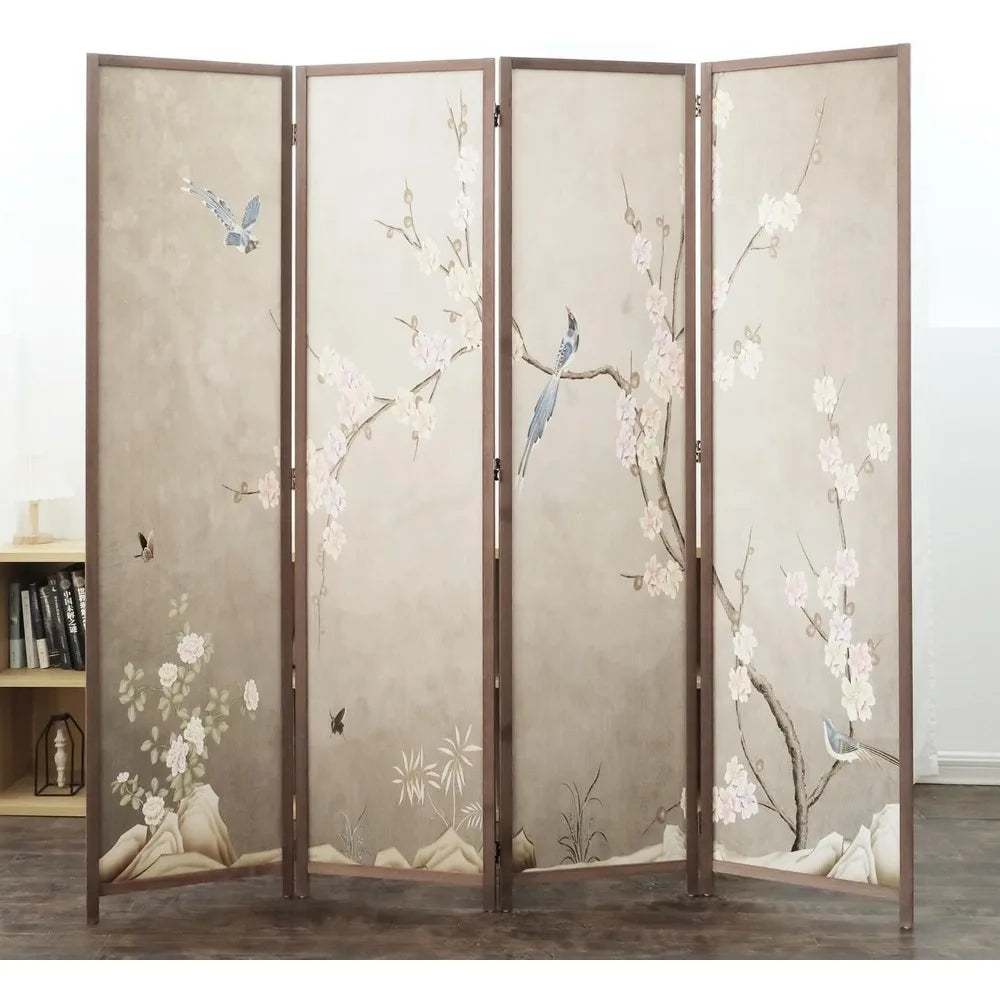 Four Panel Room Divider Screen Plums and Birds Blackout