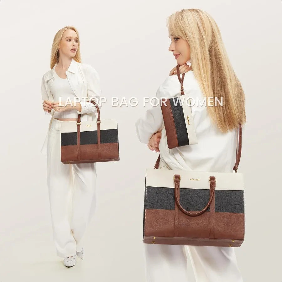 Leather Laptop Tote Bag 15.6 Inch For Women Waterproof Clutch Purse