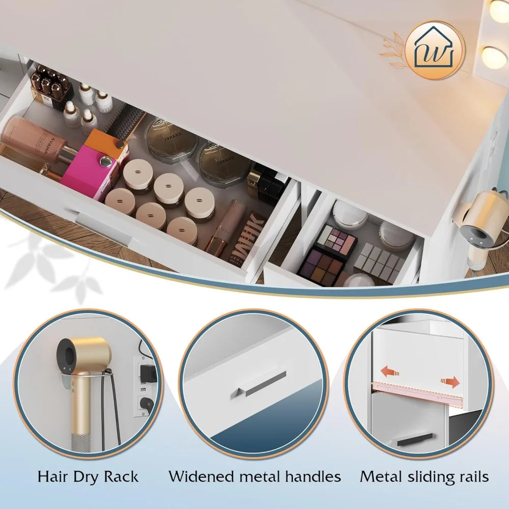 Illuminated White Makeup Vanity Desk With Mirror And Seven Drawer Storage And Power Outlet For Bedroom