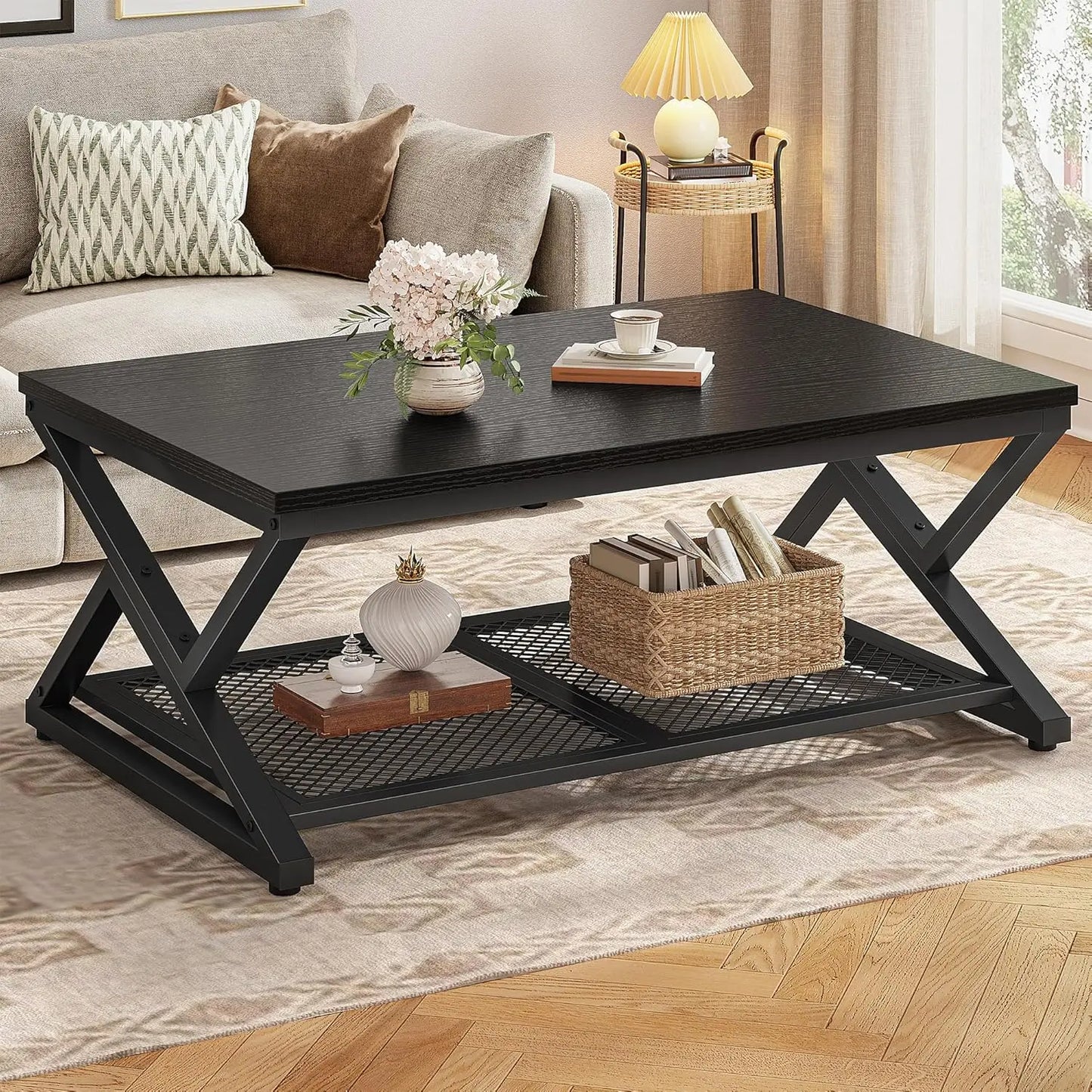 Modern Coffee Table With Storage And Mesh Shelf Living Room