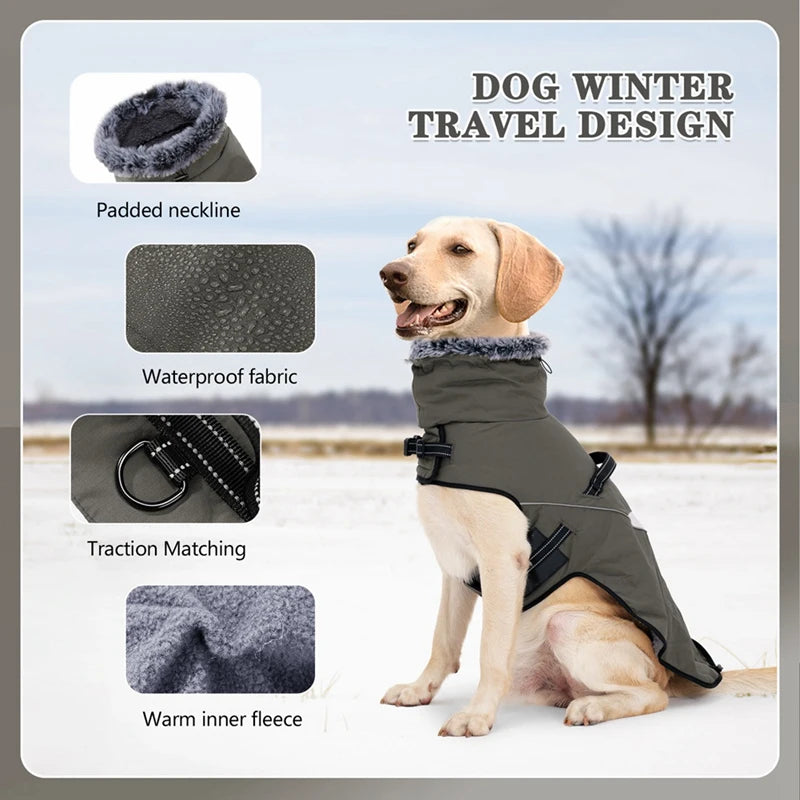 Winter Dog Coat With Harness Waterproof Fur Collar for Small to Large Dogs