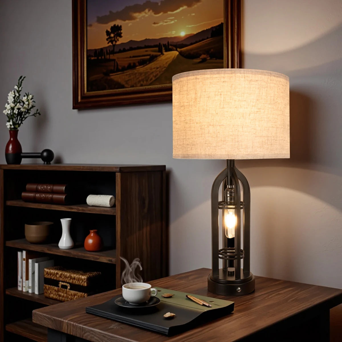 Industrial Retro Desk Lamp Night Light,3 Colors, Adjustable, 2 Pairs of Usp Ports, 2 Pieces, Including Light Bulb and Lampshade