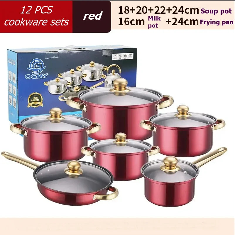 Stainless Steel Colored Cookware Set With Nonstick Pans And Gold Plated Handles For Soup Pots And Milk Pots Kitchenware