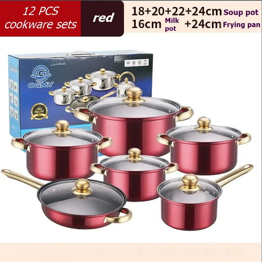 Stainless Steel Colored Cookware Set With Nonstick Pans And Gold Plated Handles For Soup Pots And Milk Pots Kitchenware