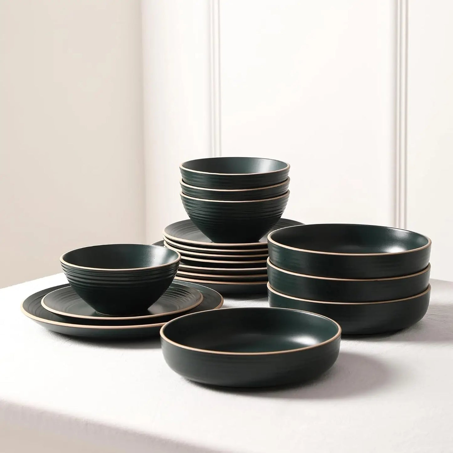Lauren Modern Stoneware 16-piece Round Dinnerware Set, Plates and Bowls Set, Dish set for 4, Dark Green