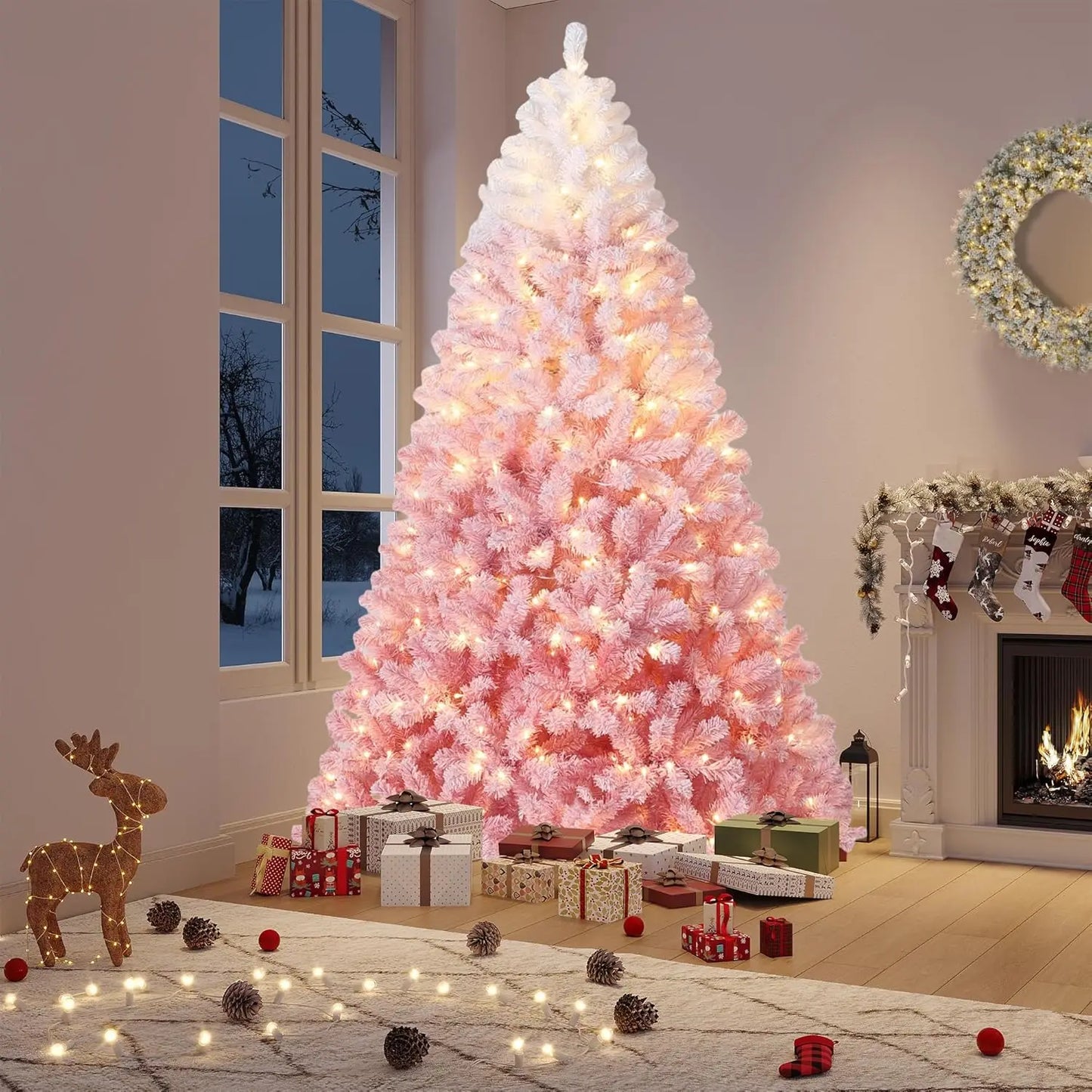 9 Foot Artificial Pre Lit Flocked Christmas Tree Pink Gradient for Home Decor