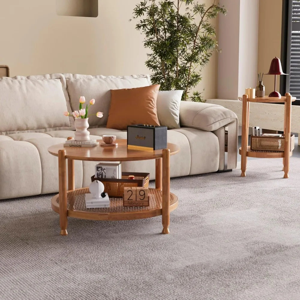 32 Inch Round Rattan Coffee Table Two Tier Storage Shelf