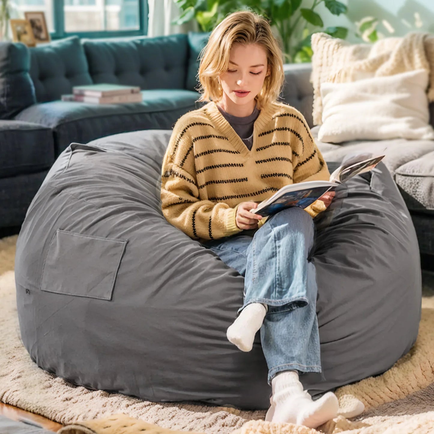 Oversized Bean Bag Chair For Gaming And Reading Foam Filled With Removable Cover