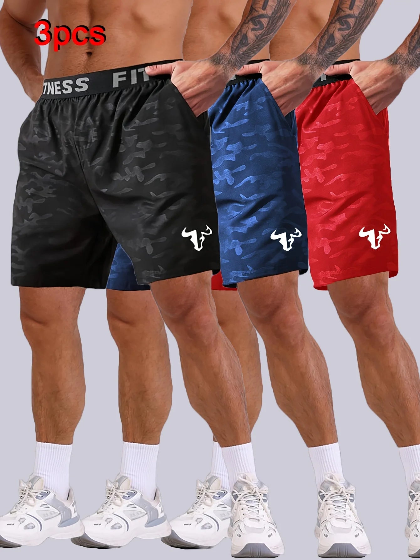 Men Bull Print Sports Shorts 3 Piece Set For Running