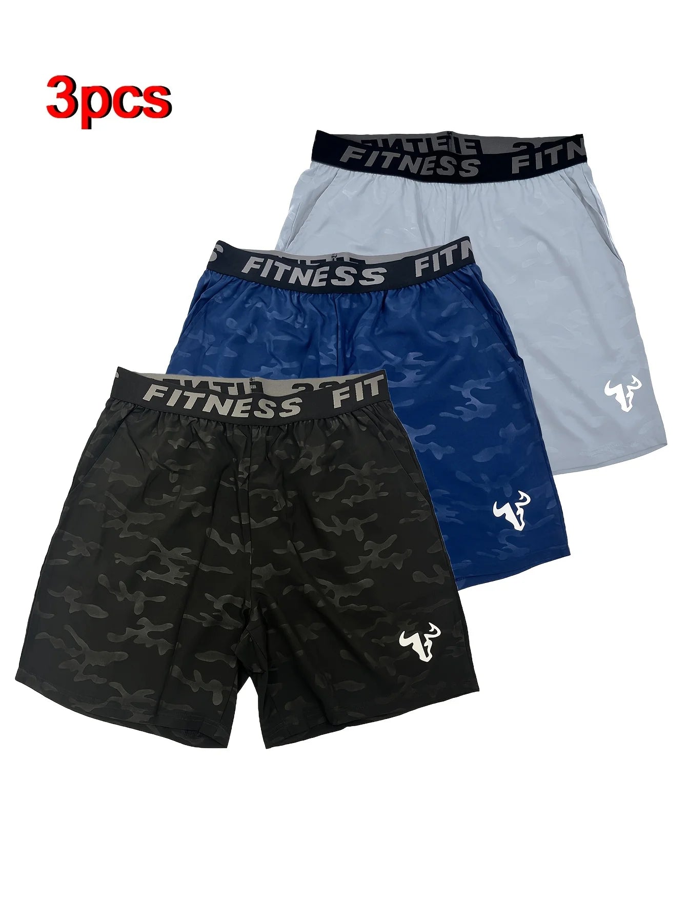 Men Bull Print Sports Shorts 3 Piece Set For Running