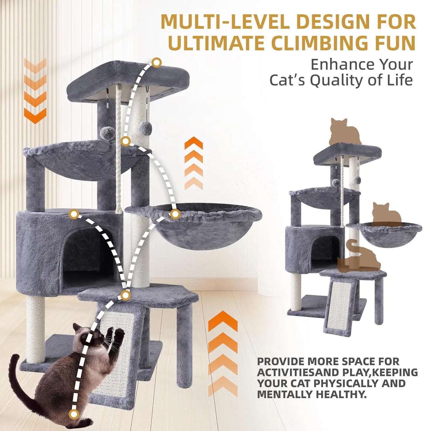 Xin Three Layer Cat Tree With Cat Condo And Two Hammocks Grey