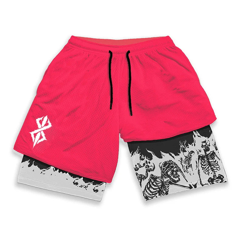 Berserk Skull Print 2 In 1 Running Shorts For Men Quick Dry Gym Activewear