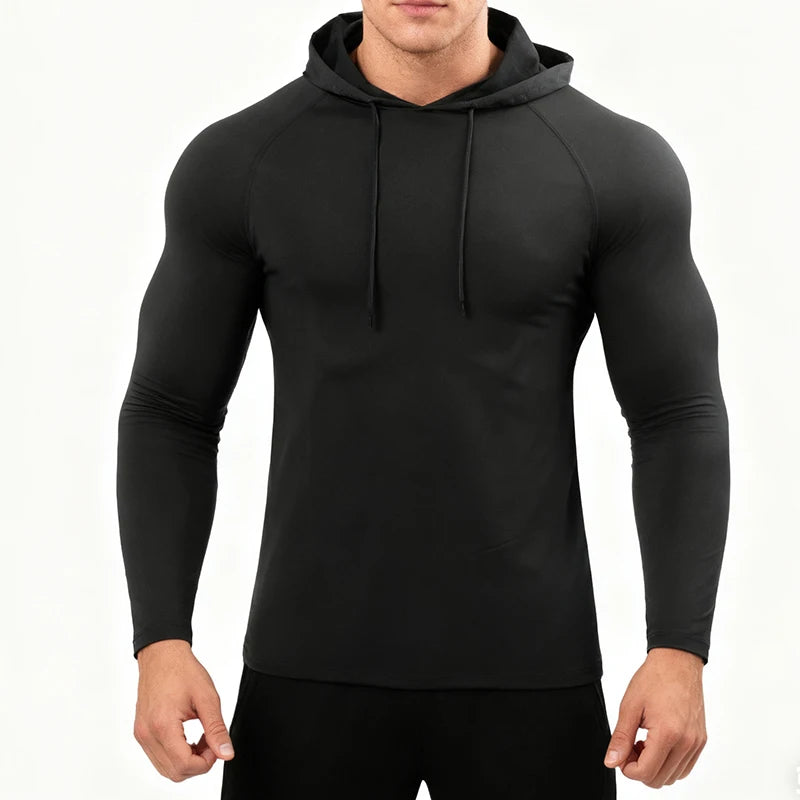 Mens Hooded Running Long Sleeve Shirt Elastic Jersey Gym Fitness Top