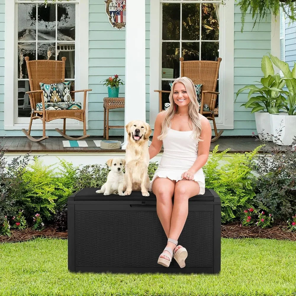 100 Gallon Waterproof Large Resin Deck Box Outdoor Storage Box Indoor Lockable Storage Container with Cushion for PatioFurniture