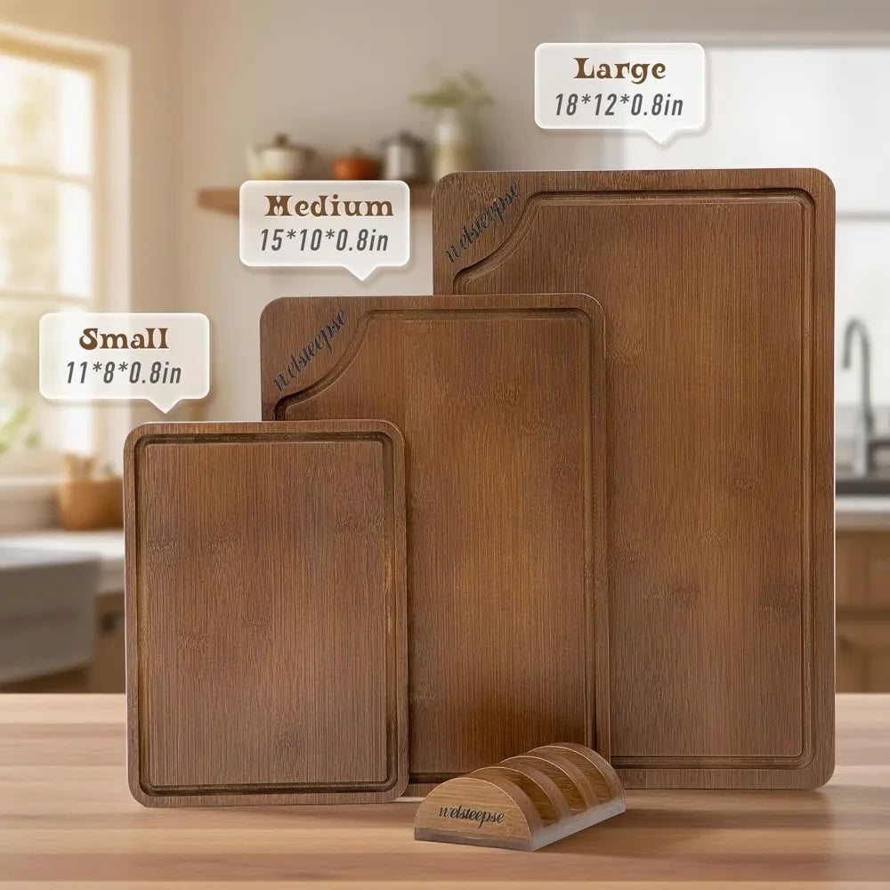 XL Bamboo Cutting Board Set Of 3 With Juice Grooves