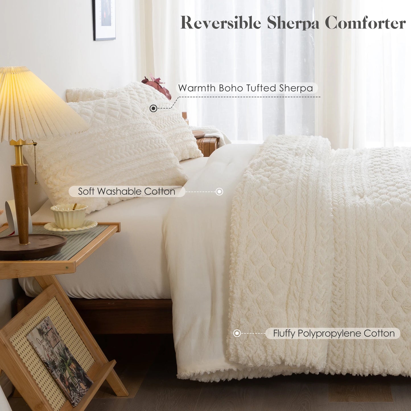 Plush Fleece Sherpa Cotton Comforter Set Queen King Ivory All Season Tufted