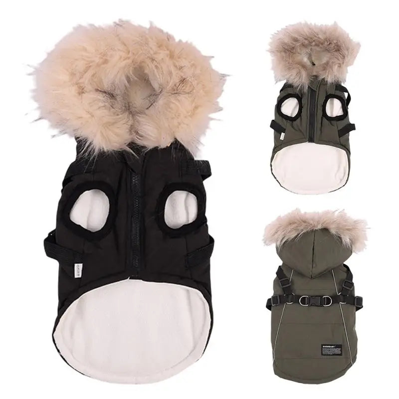 Autumn Winter Warm Dog Jacket With Harness Hooded Padded Coat Imitation Fur Hat