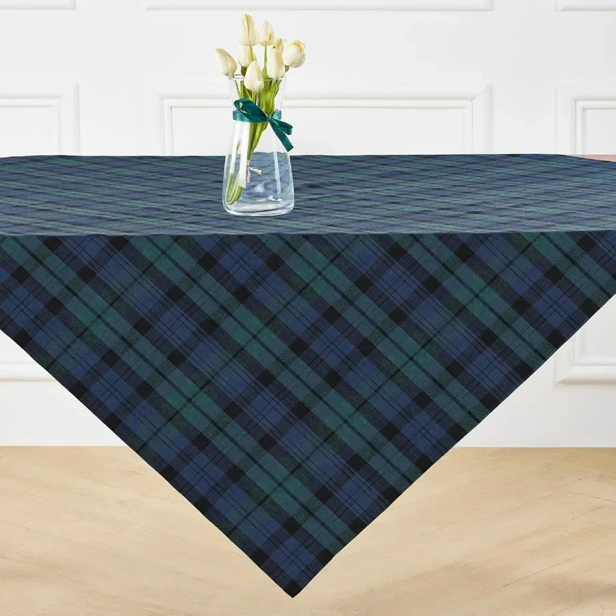 Linen Blackwatch Square Tablecloth 52x52 Inch 100 Percent Blue Green Plaid