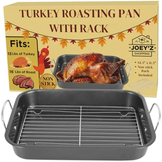 Nonstick Turkey Roasting Pan With Rack And Handles 14.5x11.5 Fits 15 Lb Turkeys