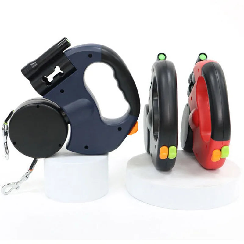 3In1 Double Head Retractable Dog Leash Flashlight Poop Bag Dispenser Reflective