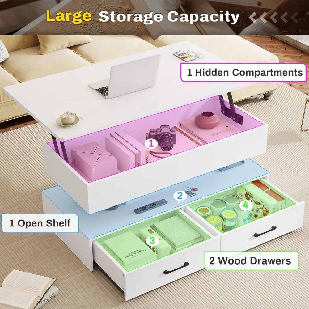 MKDK Lift Top Coffee Table With Storage White 2 Drawers
