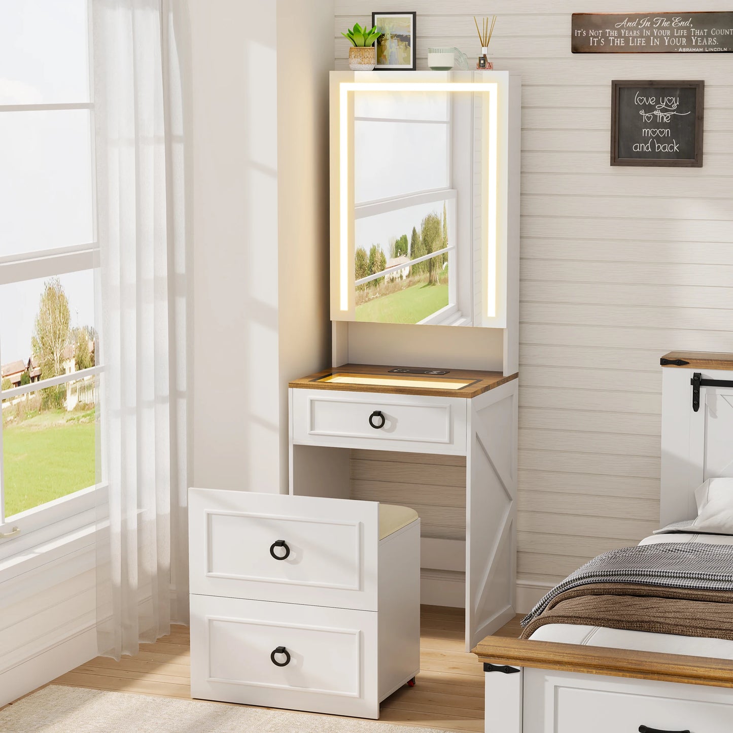 JDPAG Vanity Desk With Mirror And Lights Makeup Vanity Set Hidden Storage Stool