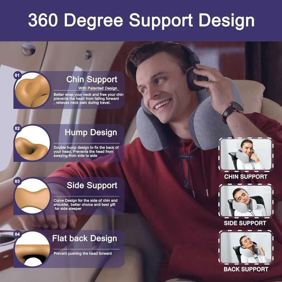 Upgraded Travel Neck Pillow With 100 Pure Memory Foam For Airplane Travel And Long Distance Portable Headrest Support